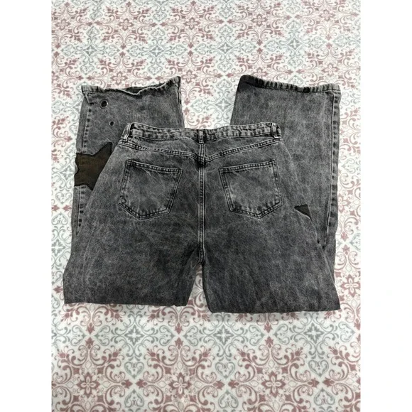 Daisy Street Star Patch Wide Leg Jeans Acid Wash Black Grommet Y2K Size 13 - Picture 8 of 10